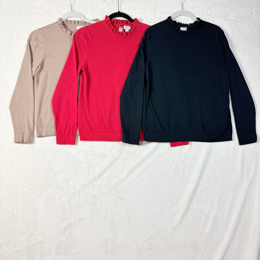 J.Crew Ruffle Neck Sweater Lot of 3 Black Red‎ Taupe Keyhole Back Womens Medium